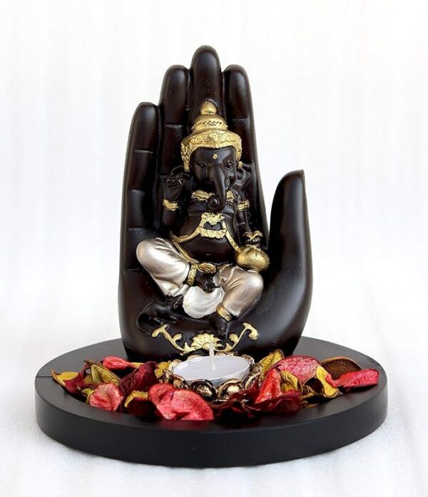 Handcrafted Palm Ganesha On Wooden Base with Candle Decorative Showpiece - 17 cm (Polyresin, Multicolor) - Image 2