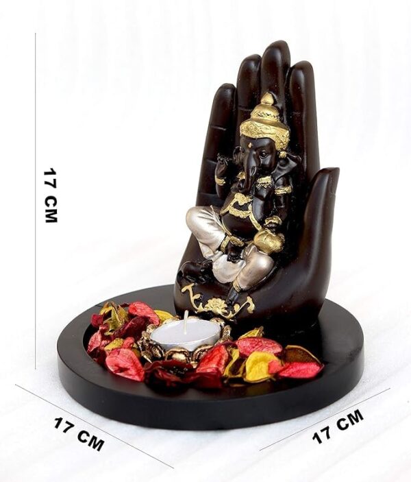 Handcrafted Palm Ganesha On Wooden Base with Candle Decorative Showpiece - 17 cm (Polyresin, Multicolor) - Image 3