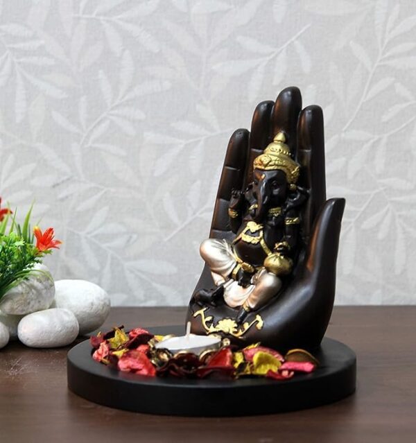 Handcrafted Palm Ganesha On Wooden Base with Candle Decorative Showpiece - 17 cm (Polyresin, Multicolor)