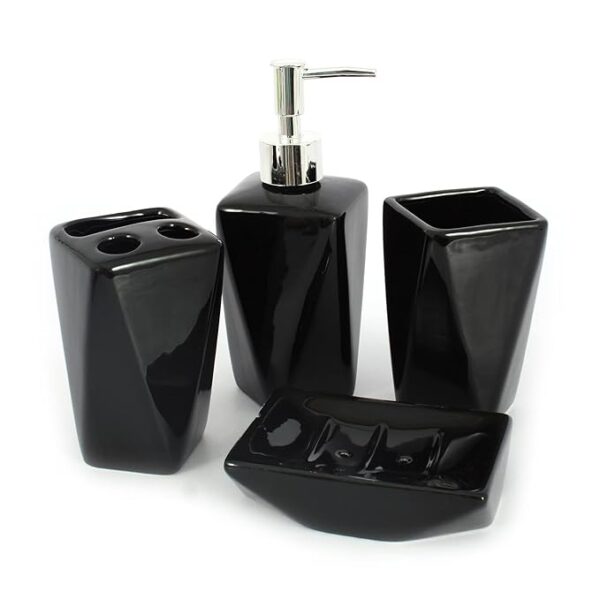 Ceramic Triangle Design Durable 4 Pieces Bathroom Set Liquid Dispenser, Toothbrush Holder, Soap Dish, Tumbler Holder (Black)