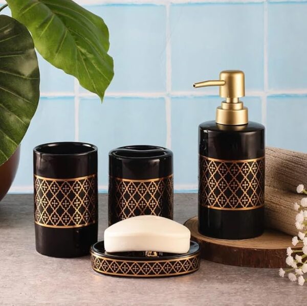 Intricate Ceramic Bathroom Accessories Set Ceramic - 4 Pieces Bathroom Accessories Set Soap Dispenser, Toothbrush Holder, Tumbler, Soap Dish, The Best Gifting Choice