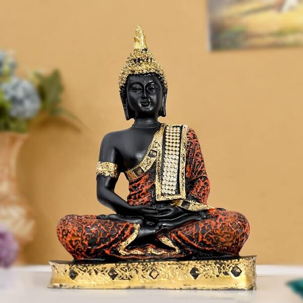 Orange & Gold Sitting Buddha Statue - Elegant Home Décor Showpiece for Living Room & Perfect Gift - Image 3