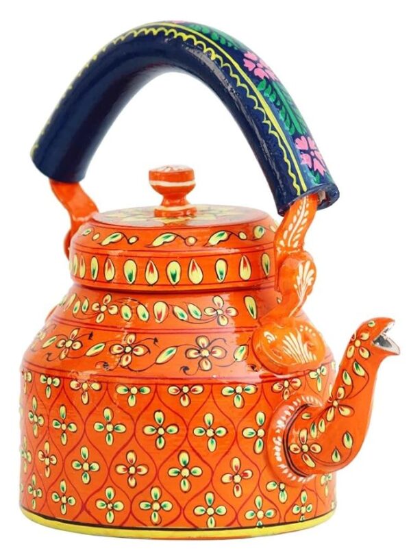 Handpainted Traditional Aluminium Decorative Tea Kettle - Colorful Design, 8.5 x 8.25 x 5.5 Inches