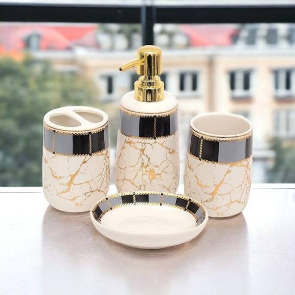 Italian Marble Design Bathroom Accessories Set Ceramic - 4 Pieces Bathroom Accessories Set Soap Dispenser, Toothbrush Holder, Tumbler, Soap Dish, The Best Gifting Choice (White)