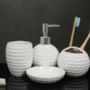 Whizzo Ceramic Honeycomb Shape 4 Pieces Bathroom Set Liquid Dispenser, Toothbrush Holder, Soap Dish, Tumbler Holder (White)