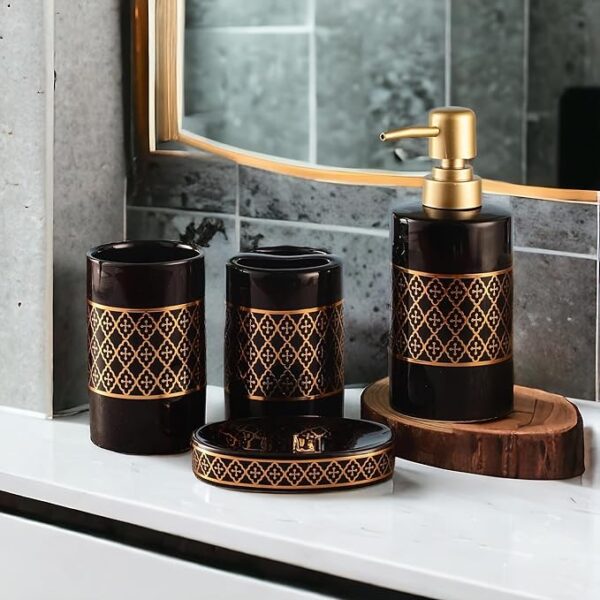 Intricate Ceramic Bathroom Accessories Set Ceramic - 4 Pieces Bathroom Accessories Set Soap Dispenser, Toothbrush Holder, Tumbler, Soap Dish, The Best Gifting Choice - Image 2