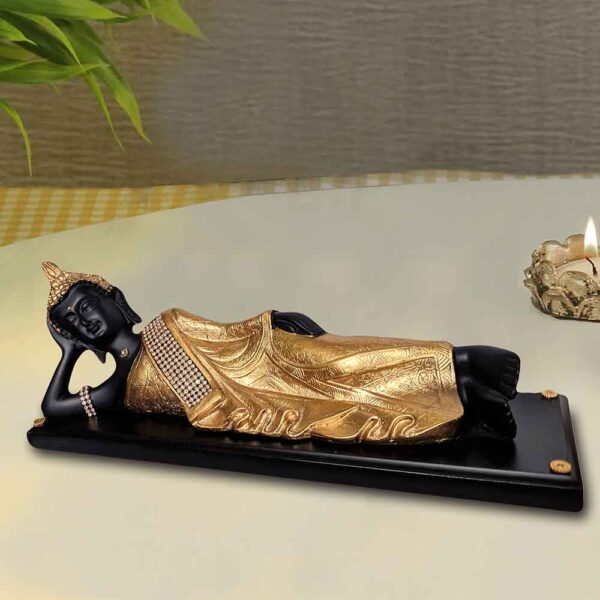 Antique Black Golden Sleeping Buddha on Wooden Base Showpiece - Image 3