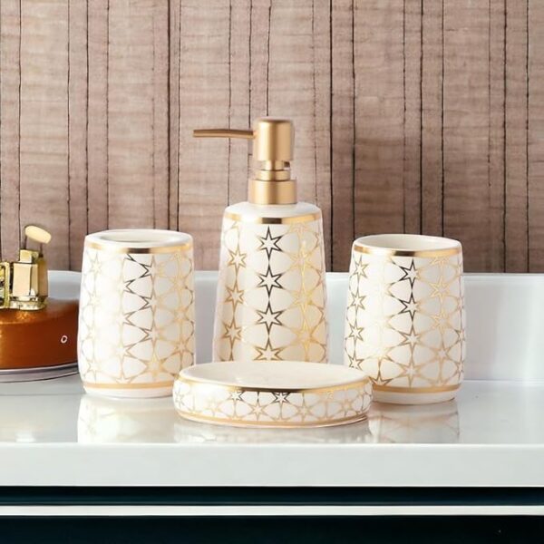 Ceramic Star Design Bathroom Accessories Set Ceramic - 4 Pieces Bathroom Accessories Set Soap Dispenser, Toothbrush Holder, Tumbler, Soap Dish, The Best Gifting Choice (White)