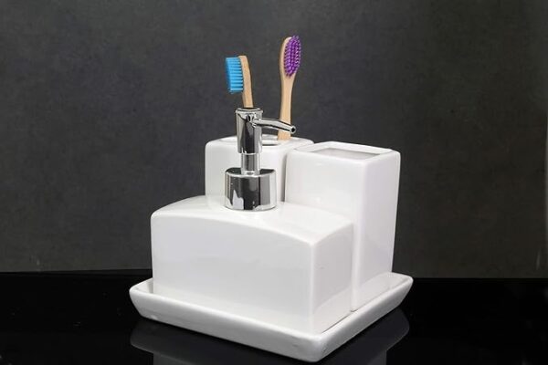 4 Piece Modern Ceramic White Bathroom Accessory Set with Soap Dispenser, Tumbler, Toothbrush Holder & Soap Dish (white) - Image 4